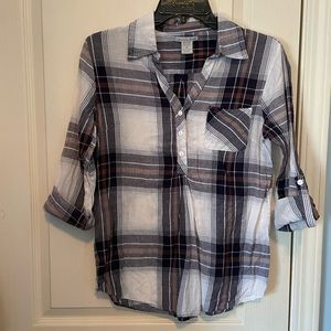 Blue and white plaid, long sleeve, button up top.